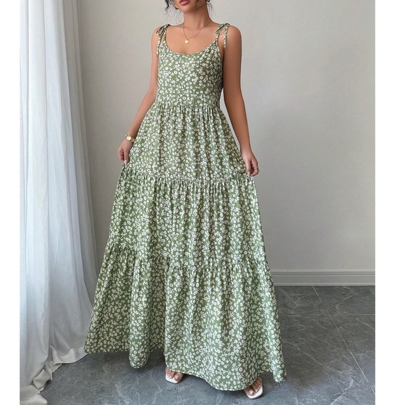 Boho Floral Print High Waisted Ruffle Hem Cami Maxi Dress - Picture 8 of 8